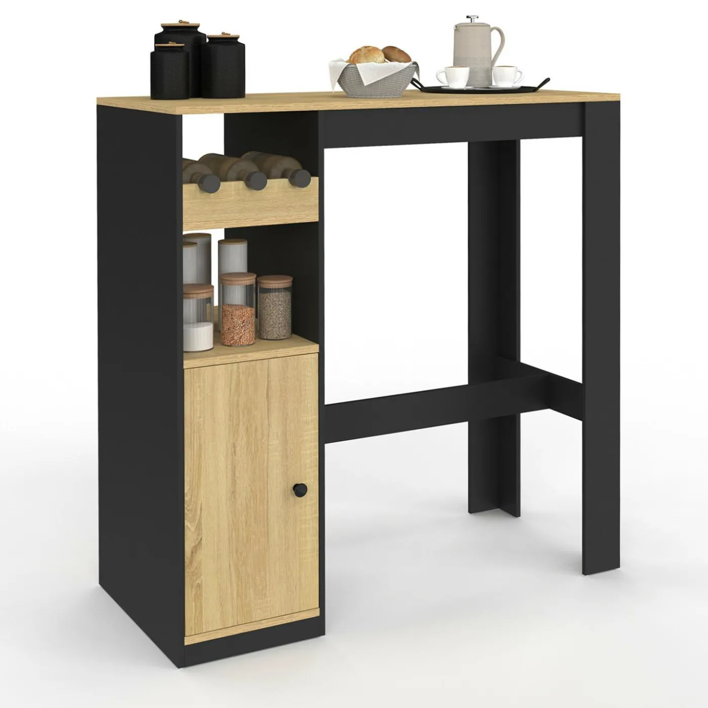Table de bar 2 personnes bois et noir avec placard et range bouteilles