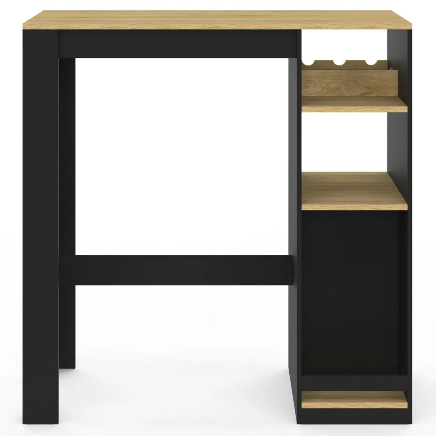 Table de bar 2 personnes bois et noir avec placard et range bouteilles