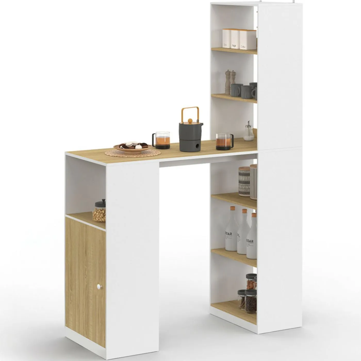 Table de bar blanc et bois avec rangements