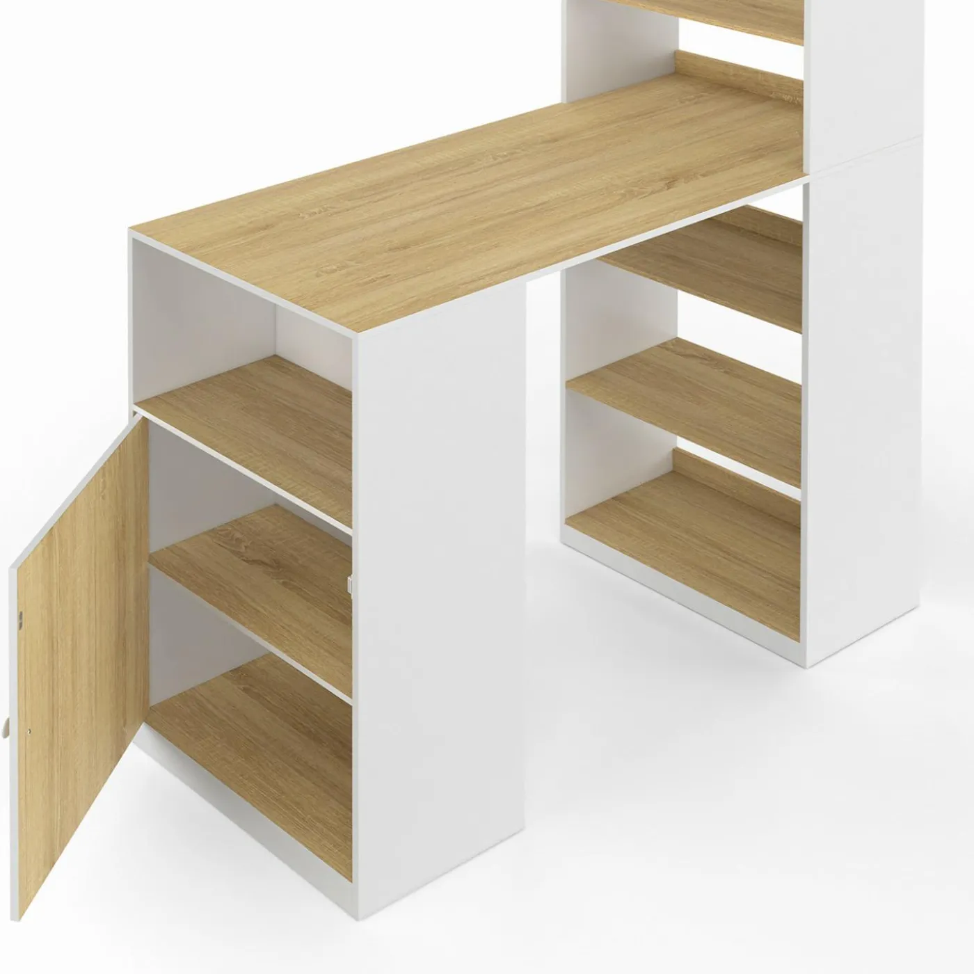 Table de bar blanc et bois avec rangements
