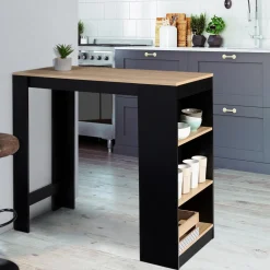 Table de bar haute noire et bois 2 à 4 personnes avec rangement