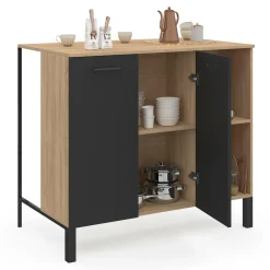 Table de bar îlot 100 cm bois noir et plateau façon hêtre