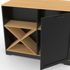 Table de bar îlot en bois noir avec range-bouteilles et plateau façon hêtre 113 cm