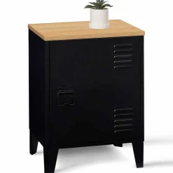 Table de chevet casier porte métal noir et plateau bois