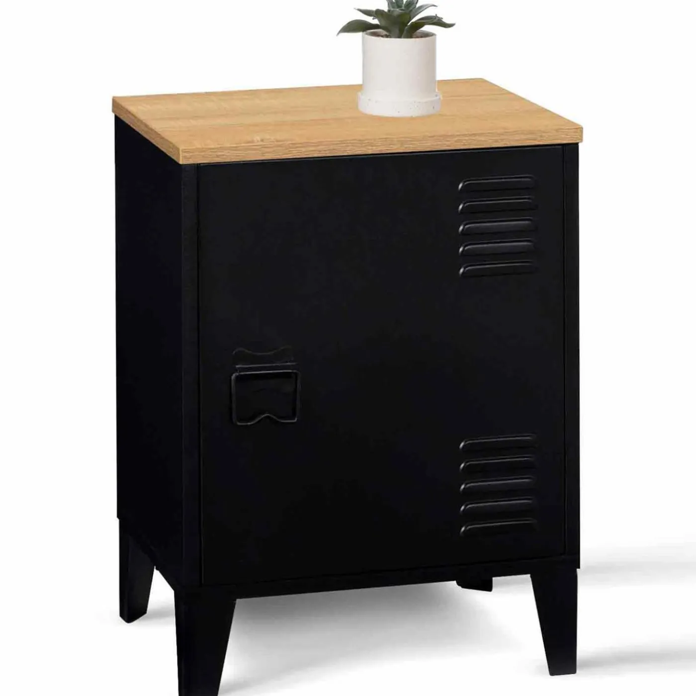 Table de chevet casier porte métal noir et plateau bois