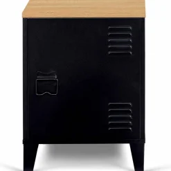 Table de chevet casier porte métal noir et plateau bois
