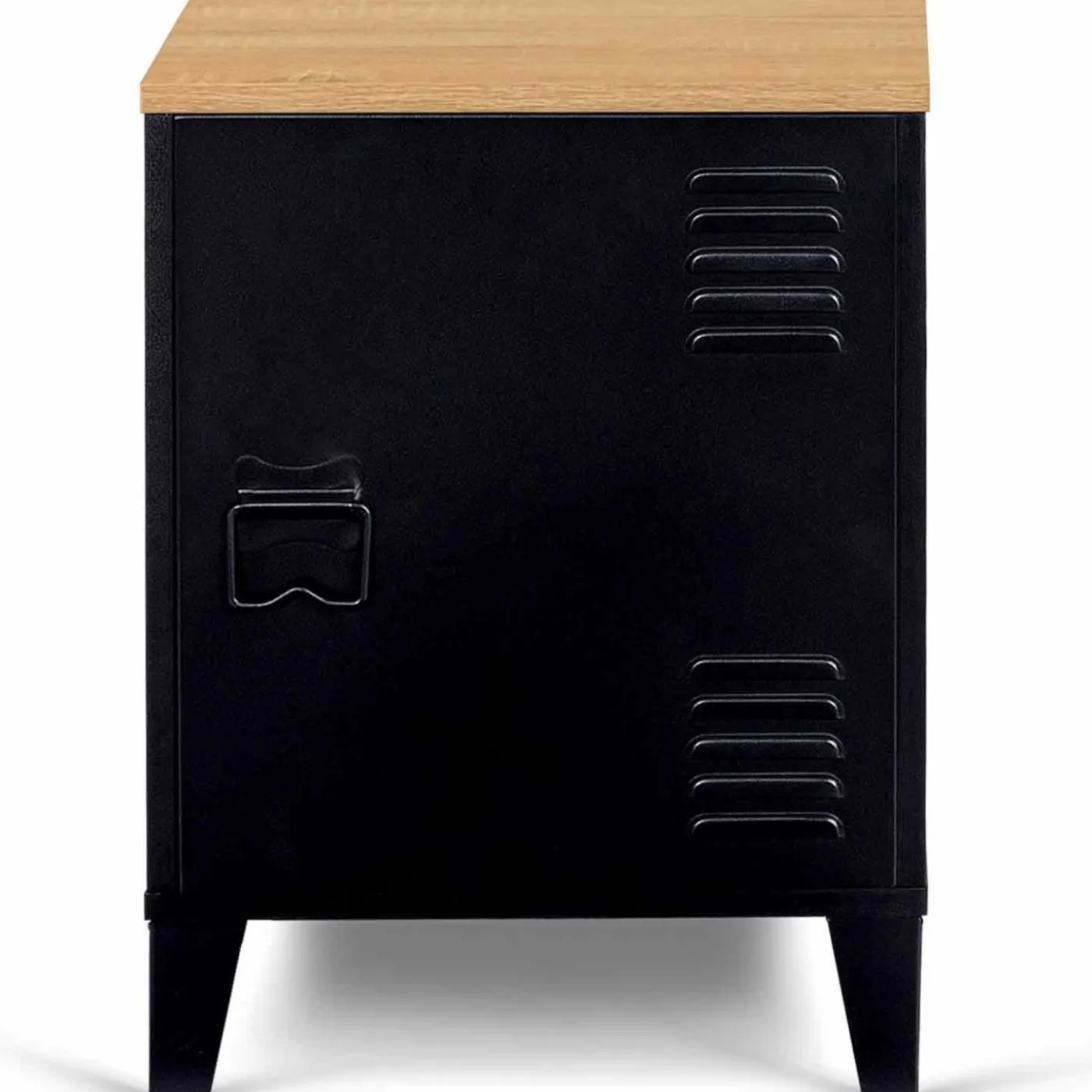 Table de chevet casier porte métal noir et plateau bois