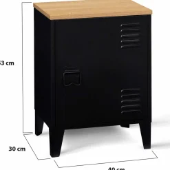 Table de chevet casier porte métal noir et plateau bois