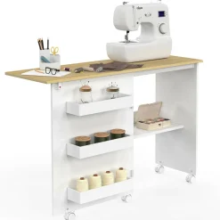 Table de couture pliante à roulettes avec 4 étagères