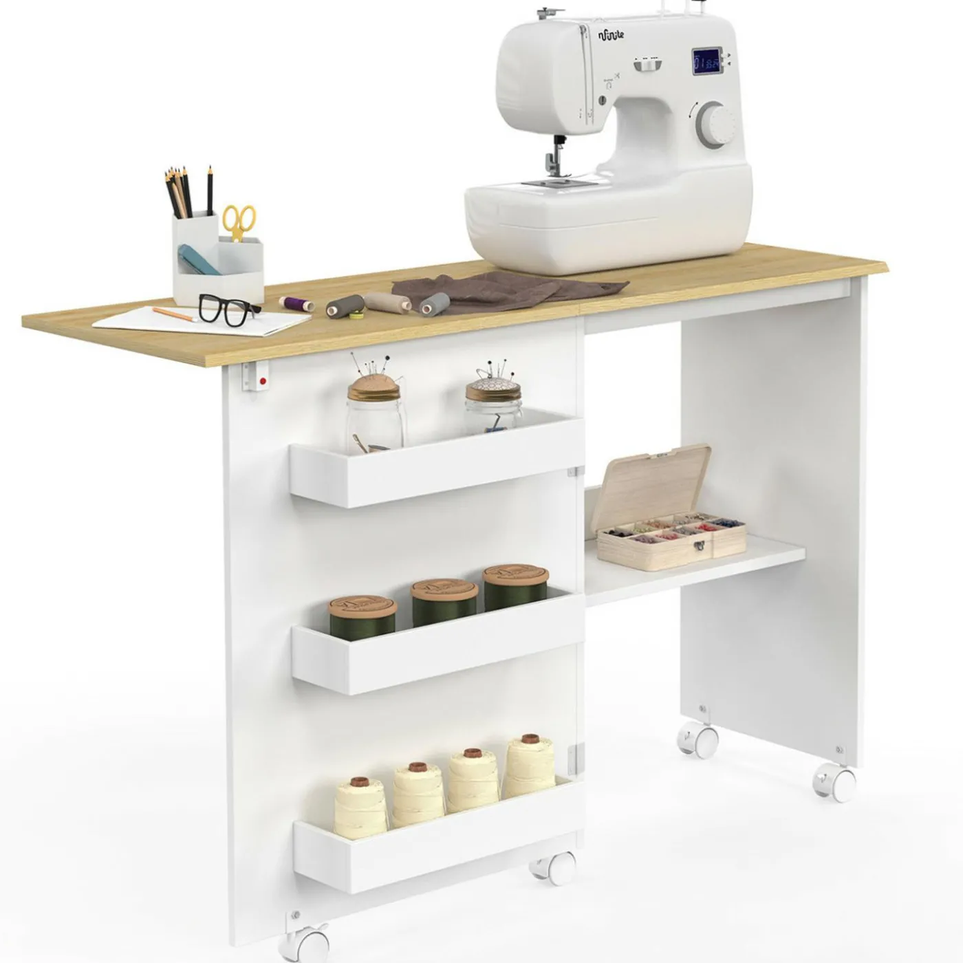 Table de couture pliante à roulettes avec 4 étagères