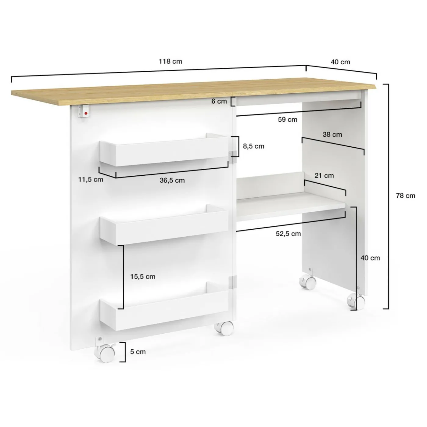 Table de couture pliante à roulettes avec 4 étagères