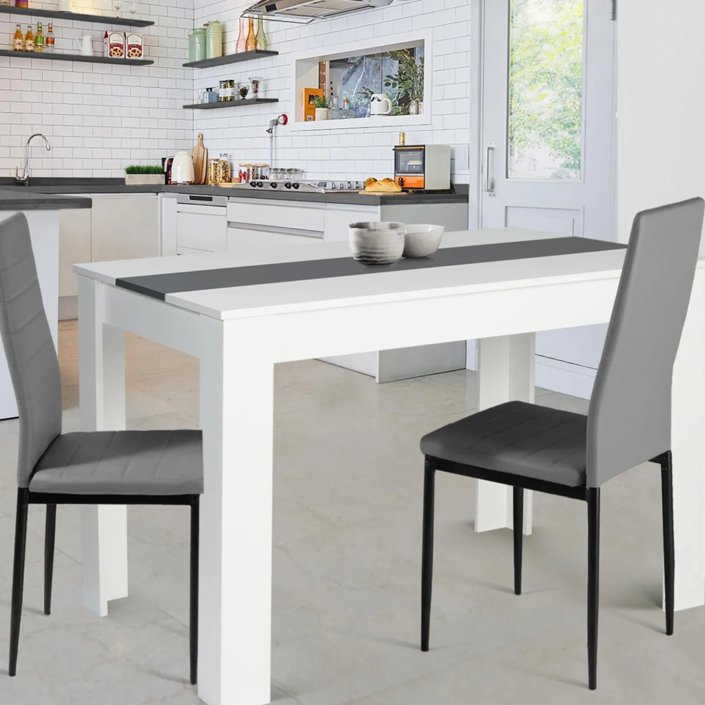 Table de cuisine 6 personnes blanche et grise