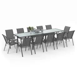 Table de jardin extensible 12 places grise avec chaises