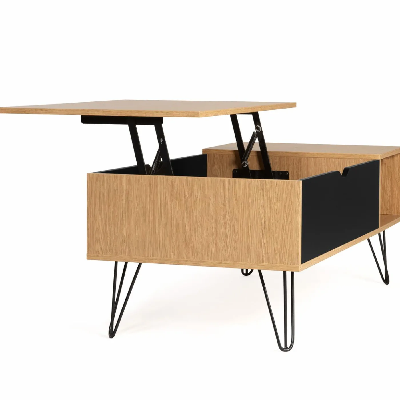 Table de salon avec plateau relevable en bois et métal