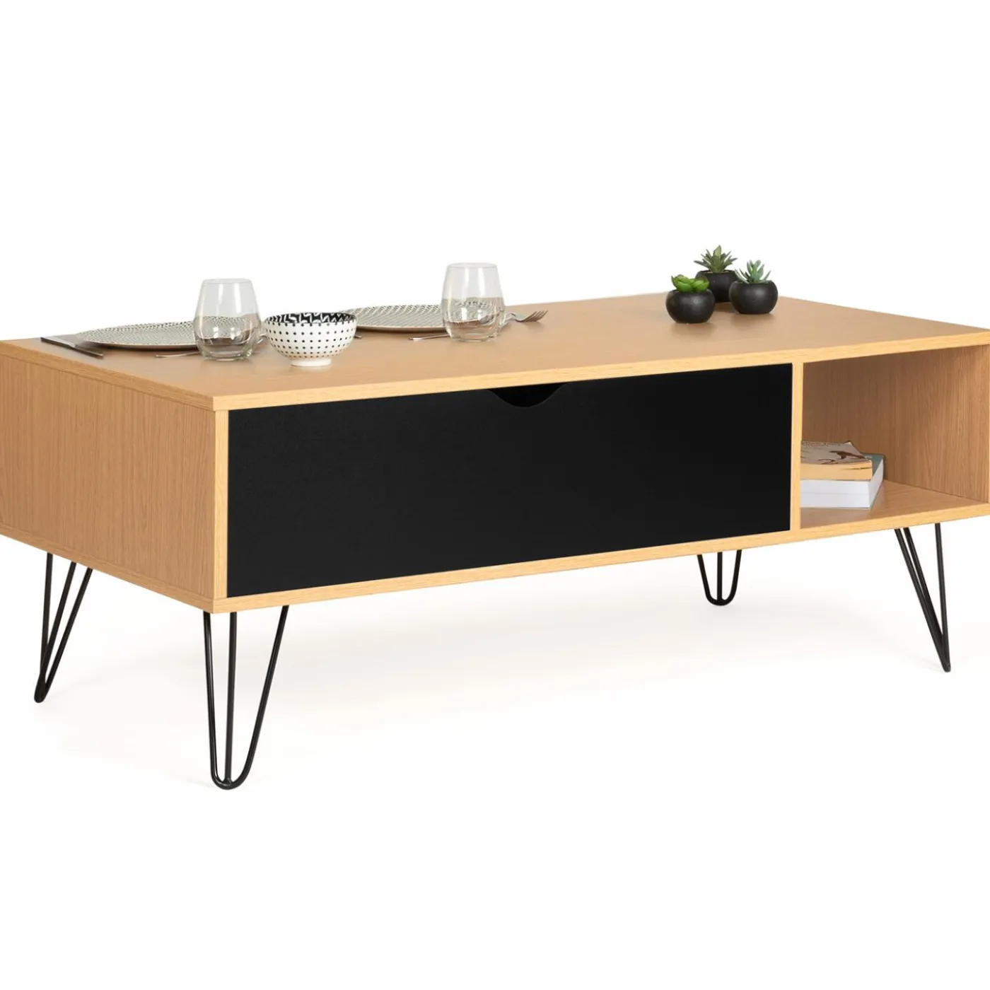 Table de salon avec plateau relevable en bois et métal