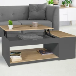 Table de salon avec plateau relevable et coffre bois gris et plateau façon hêtre