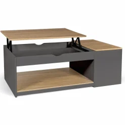Table de salon avec plateau relevable et coffre bois gris et plateau façon hêtre