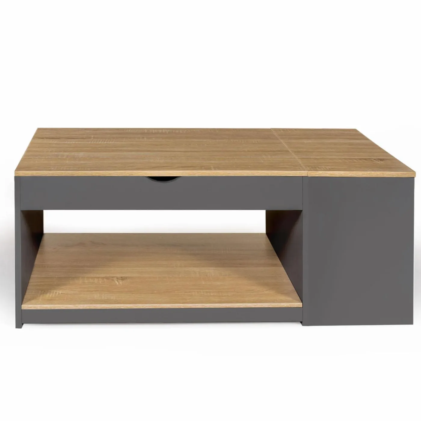 Table de salon avec plateau relevable et coffre bois gris et plateau façon hêtre