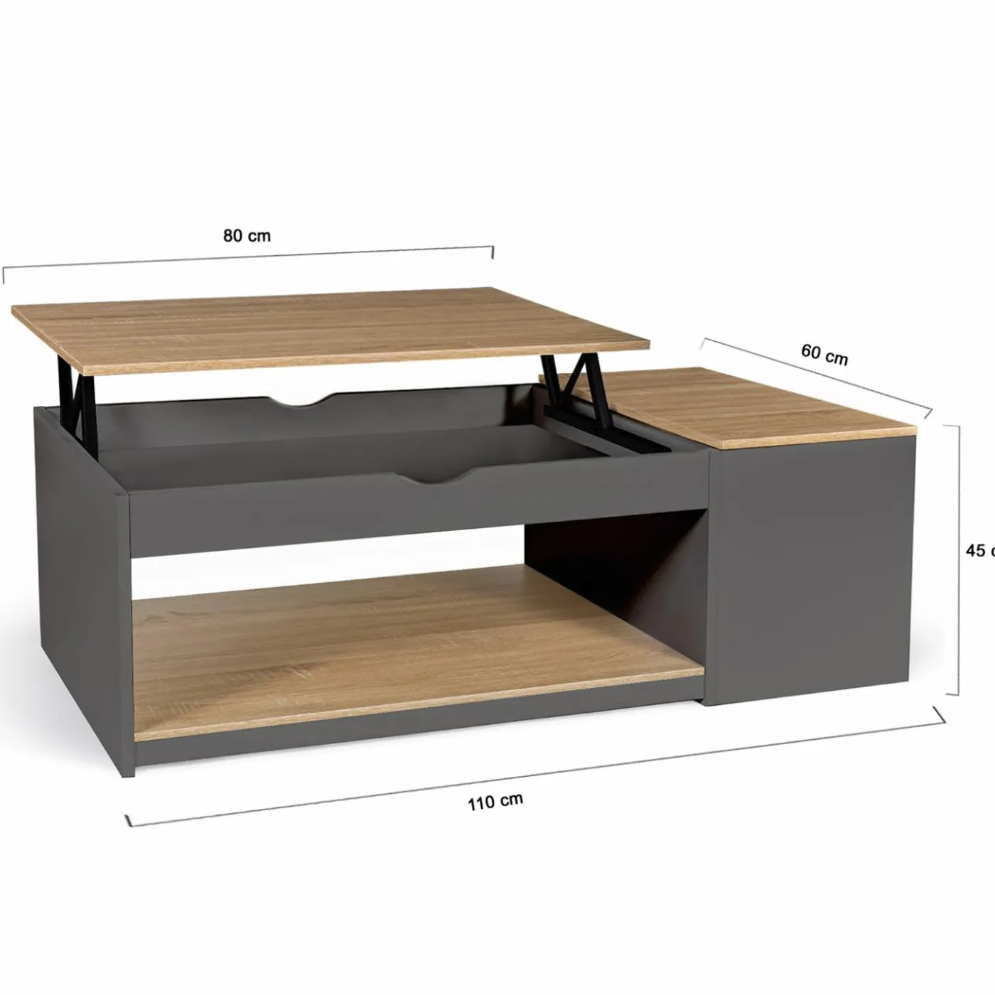 Table de salon avec plateau relevable et coffre bois gris et plateau façon hêtre