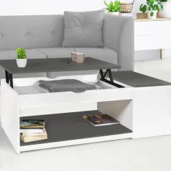 Table de salon avec plateau relevable et coffre bois blanc et plateau gris
