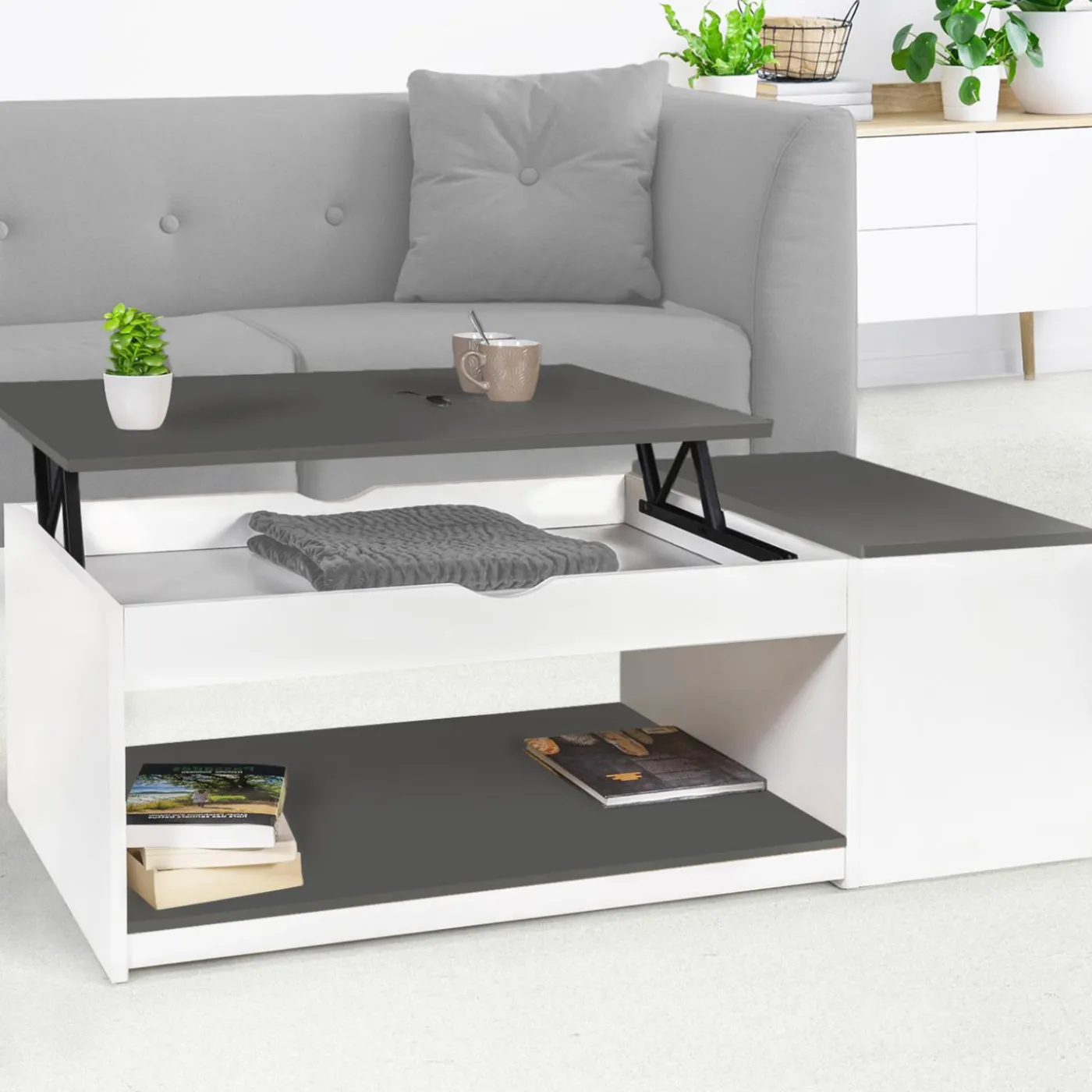 Table de salon avec plateau relevable et coffre bois blanc et plateau gris