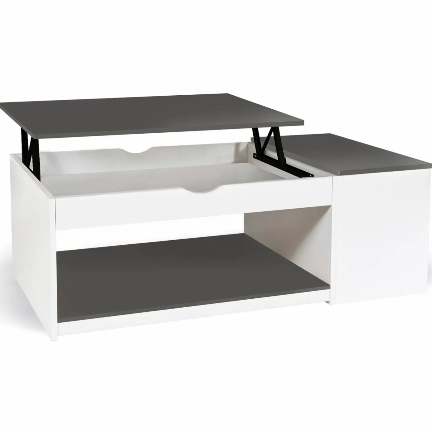 Table de salon avec plateau relevable et coffre bois blanc et plateau gris
