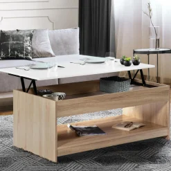 Table de salon avec plateau relevable imitation hêtre plateau blanc