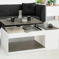 Table de salon avec plateau relevable effet béton et bois blanc