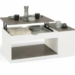 Table de salon avec plateau relevable effet béton et bois blanc
