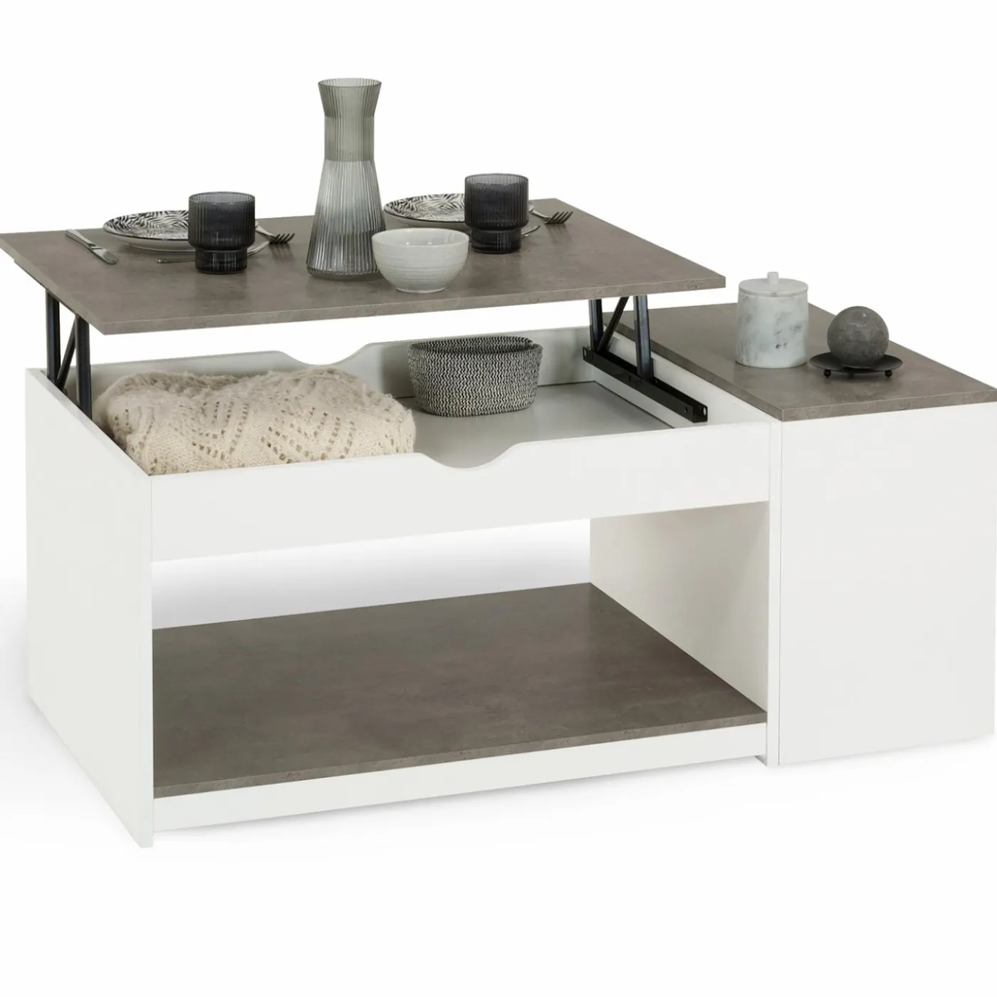 Table de salon avec plateau relevable effet béton et bois blanc