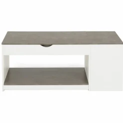 Table de salon avec plateau relevable effet béton et bois blanc