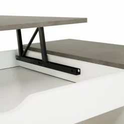 Table de salon avec plateau relevable effet béton et bois blanc
