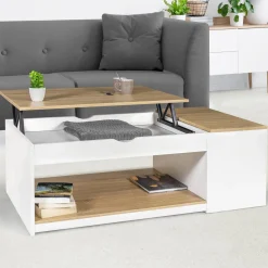 Table de salon avec plateau relevable bois blanc et façon hêtre