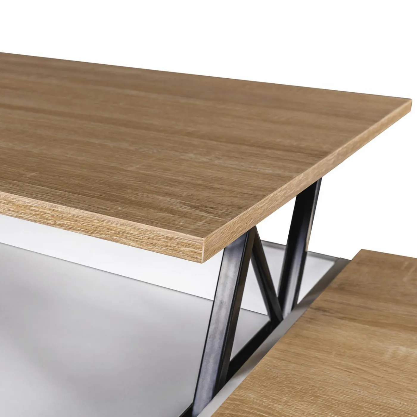 Table de salon avec plateau relevable bois blanc et façon hêtre