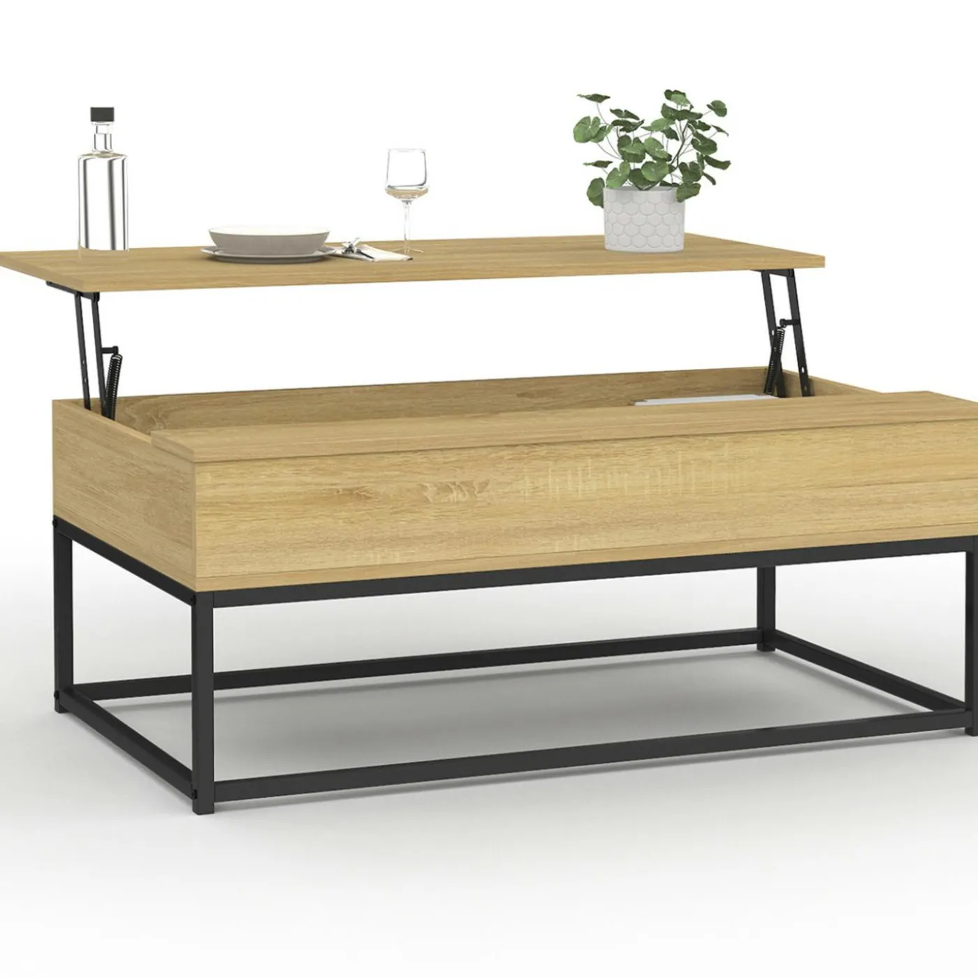 Table de salon industrielle avec plateau relevable