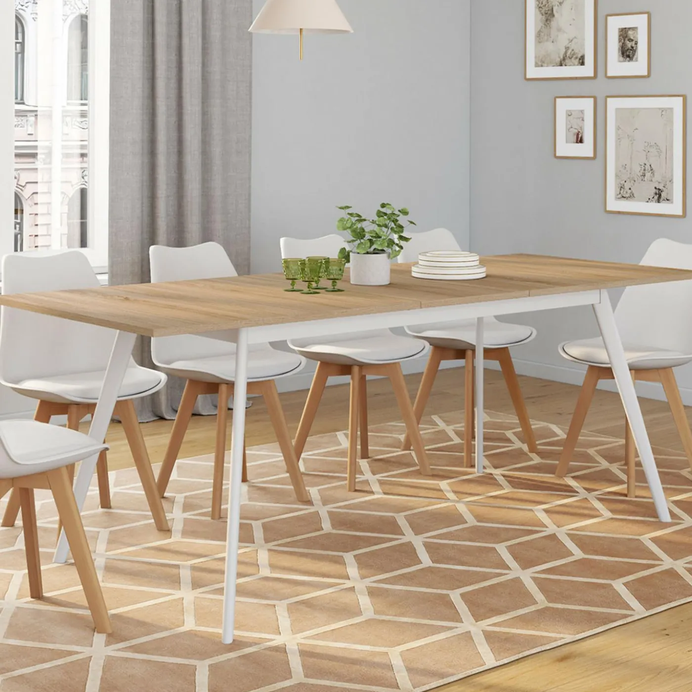 Table extensible scandinave plateau bois pieds blancs 160-200cm