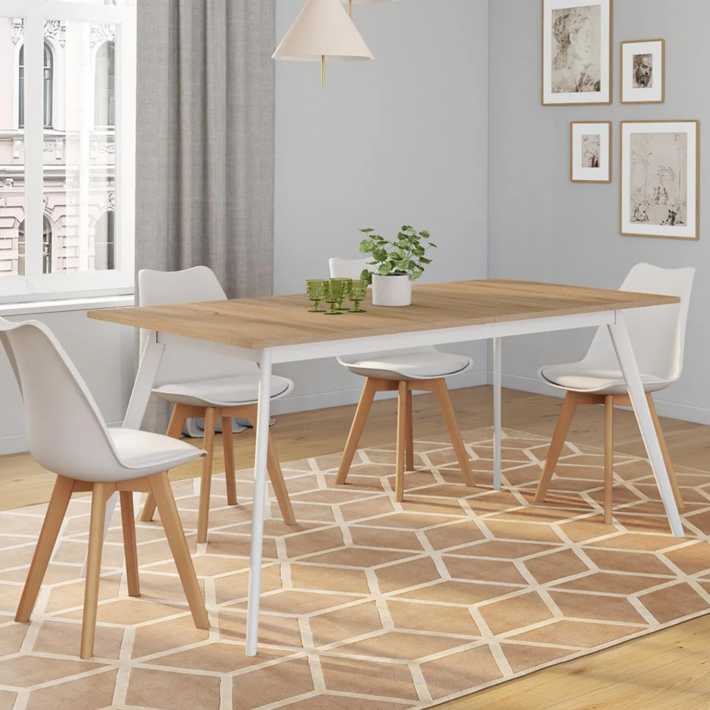 Table extensible scandinave plateau bois pieds blancs 160-200cm