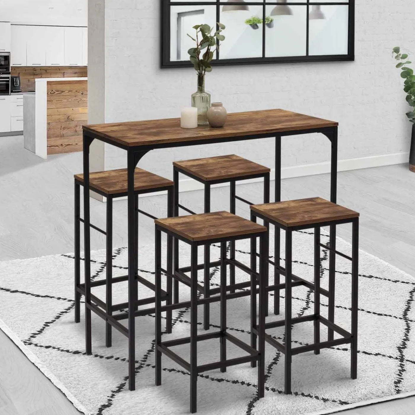 Table haute avec 4 tabourets bois effet vieilli