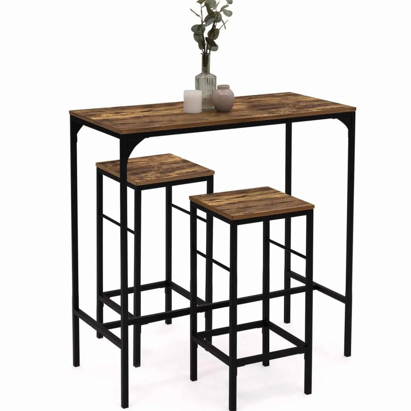 Table haute avec 2 tabourets bois effet vieilli