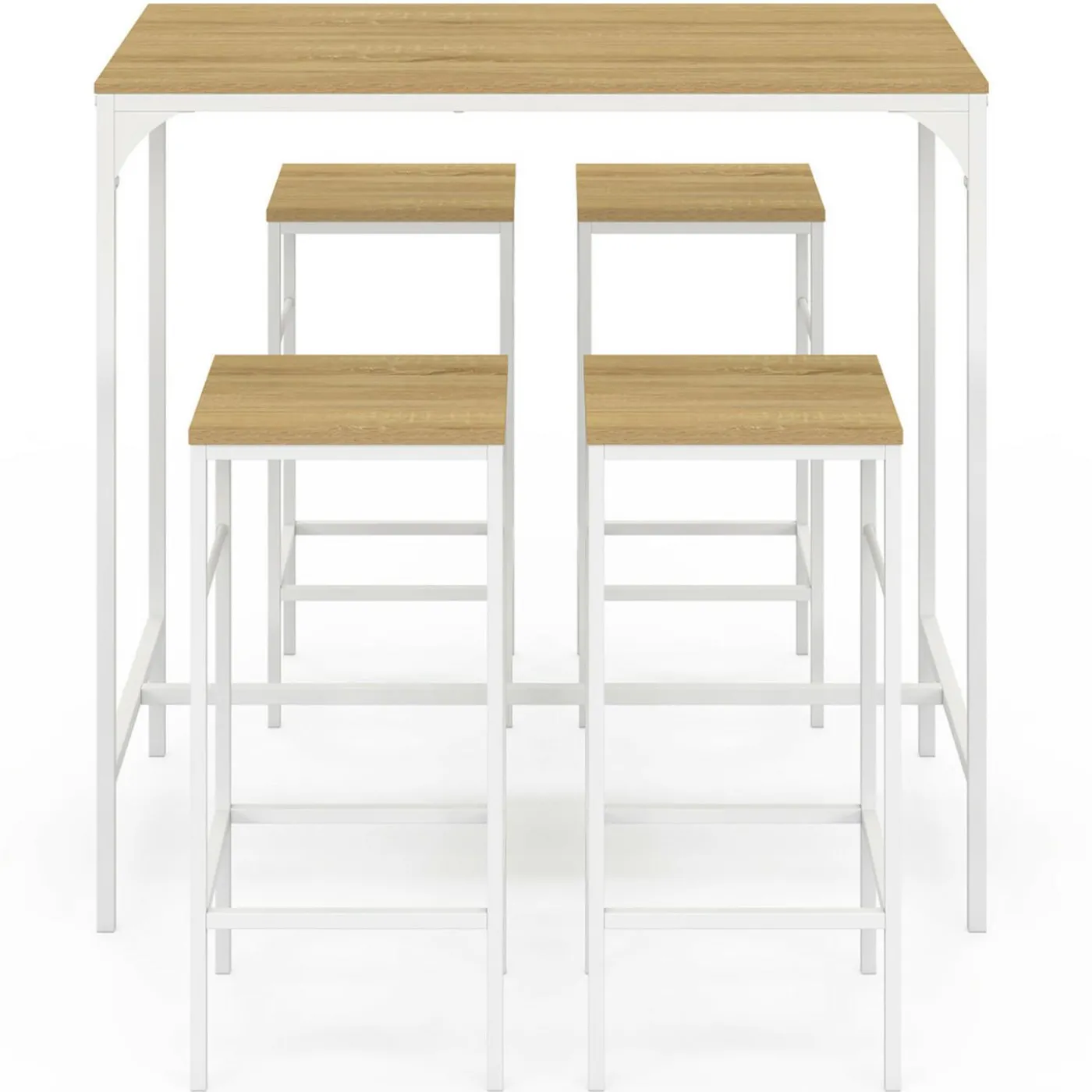Table haute avec 4 tabourets métal blanc et bois style industriel
