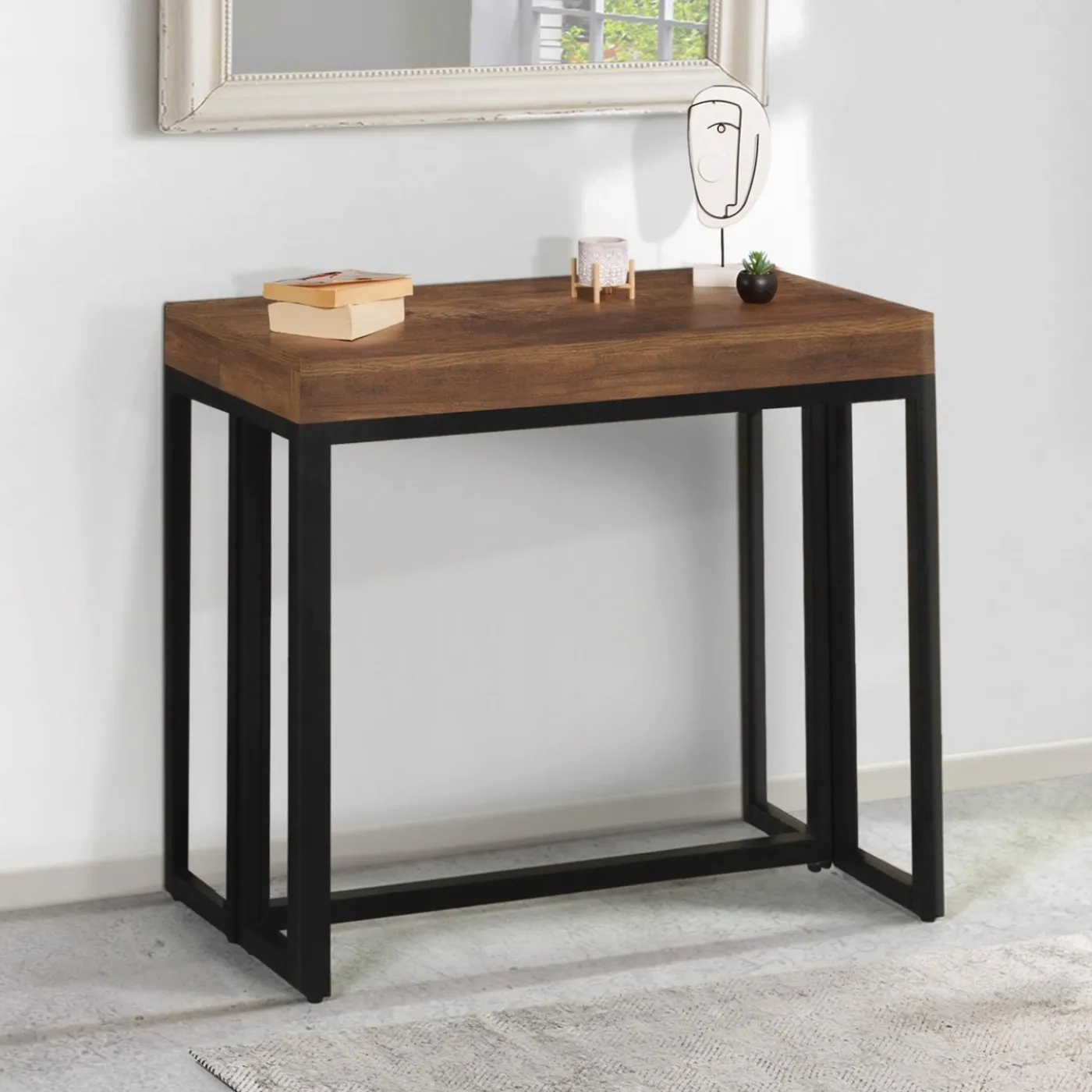 Table industrielle extensible 14 personnes 300 cm bois foncé