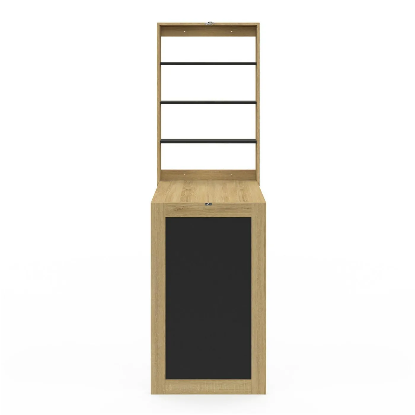Table murale pliable MACCHIA avec étagères et tableau craie 2 personnes bois et noir