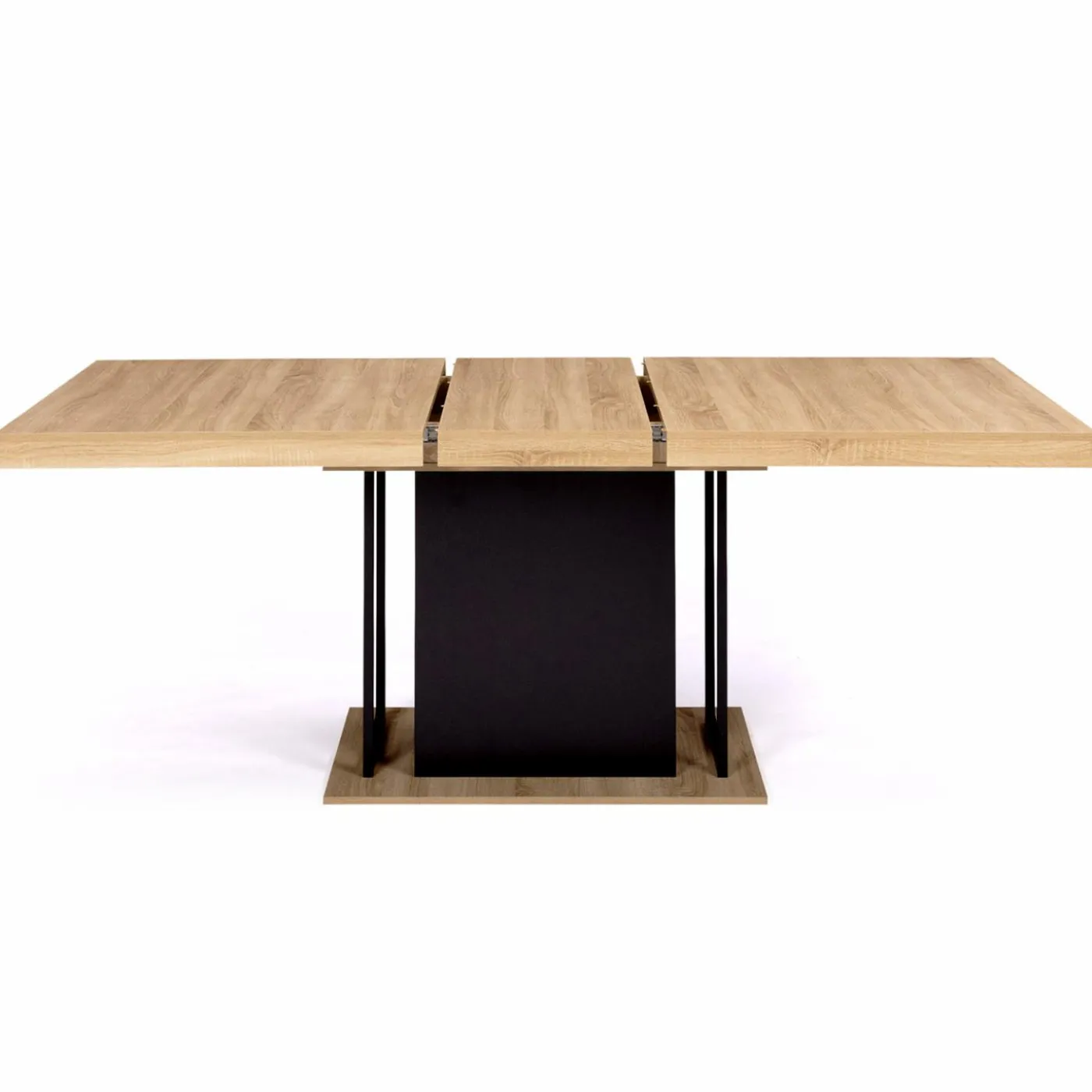 Table pied central extensible noir et bois façon hêtre