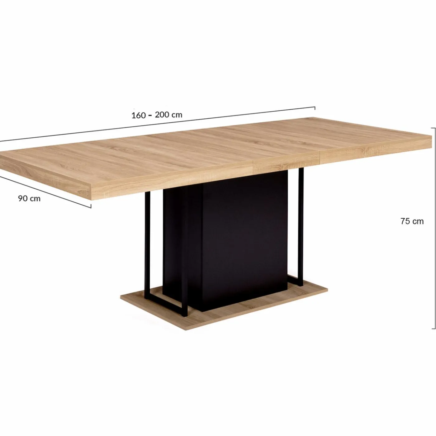 Table pied central extensible noir et bois façon hêtre