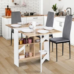 Table pliante blanche plateau bois avec double rangement central