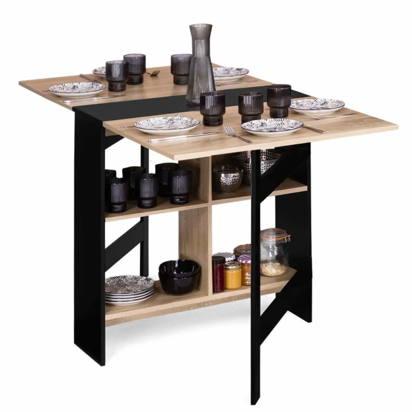 Table pliante noire plateau bois avec double rangement central