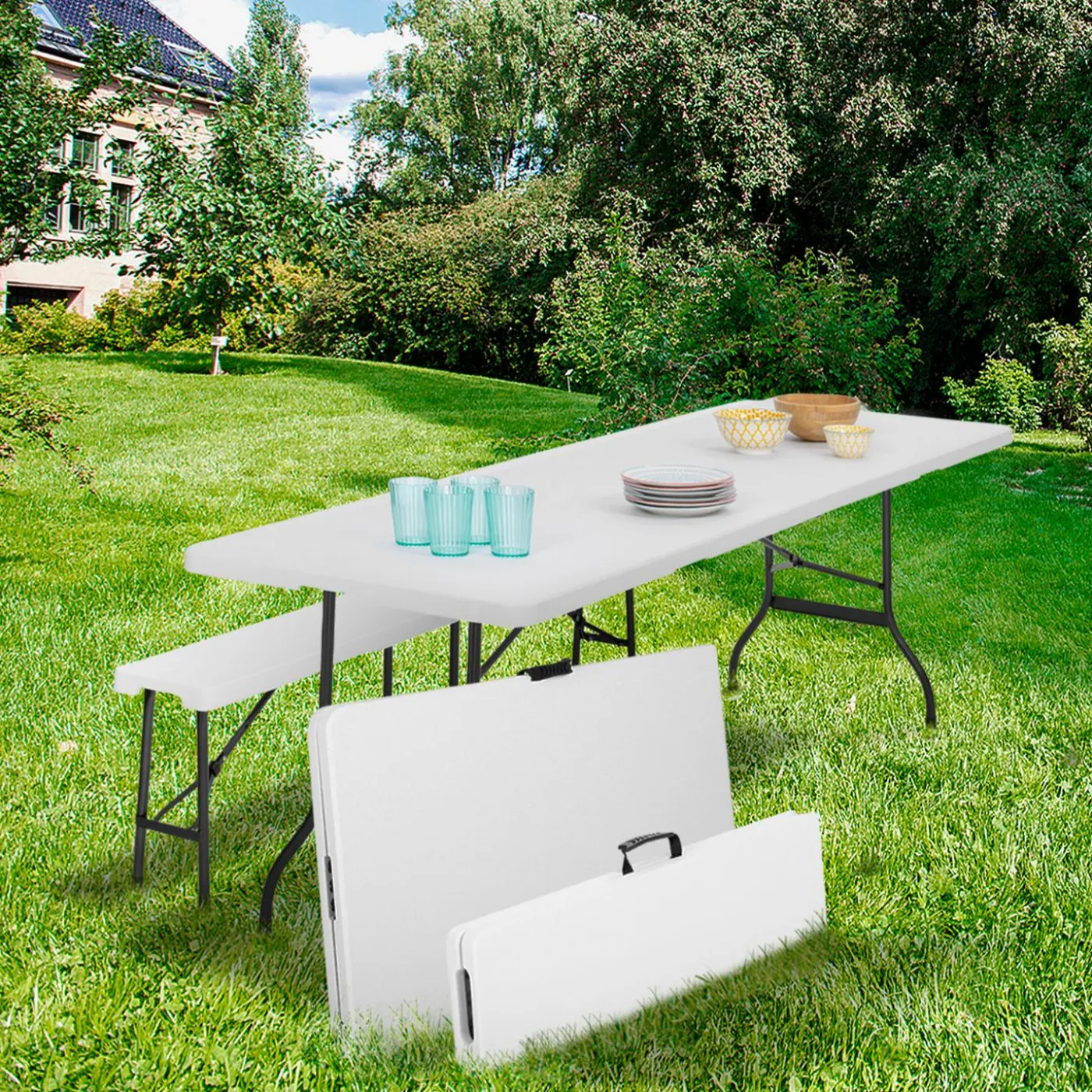 Table pliante portable blanche 1m80 et 2 bancs pliables