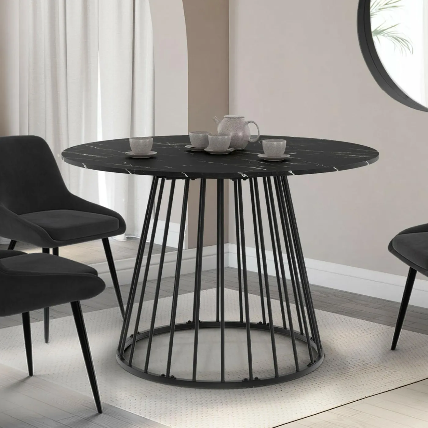 Table ronde à manger 110cm 6 personnes plateau effet marbre noir et pied filaire métal noir