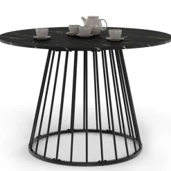 Table ronde à manger 110cm 6 personnes plateau effet marbre noir et pied filaire métal noir