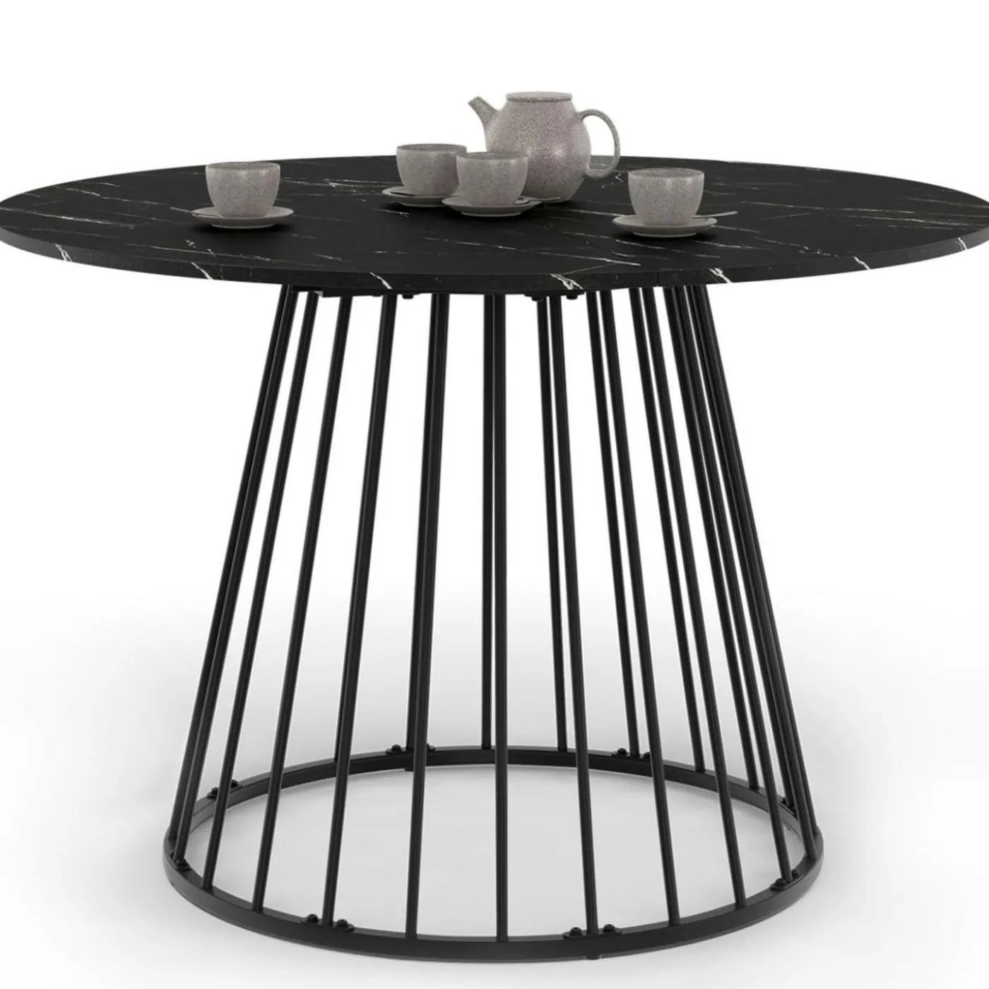 Table ronde à manger 110cm 6 personnes plateau effet marbre noir et pied filaire métal noir